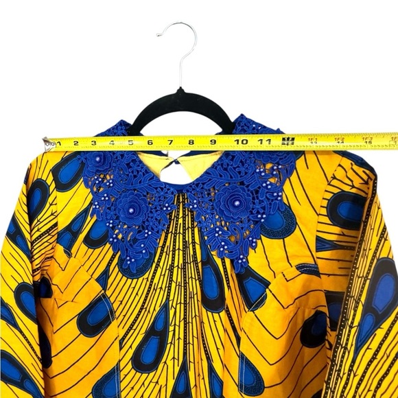 Vibrant African Print Yellow and Blue Long Sleeve Dress with Collared Beading - Picture 5 of 9